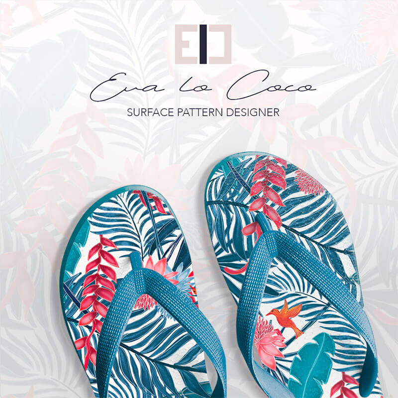 Eva Lo Coco pattern floreale blu jungle infradito