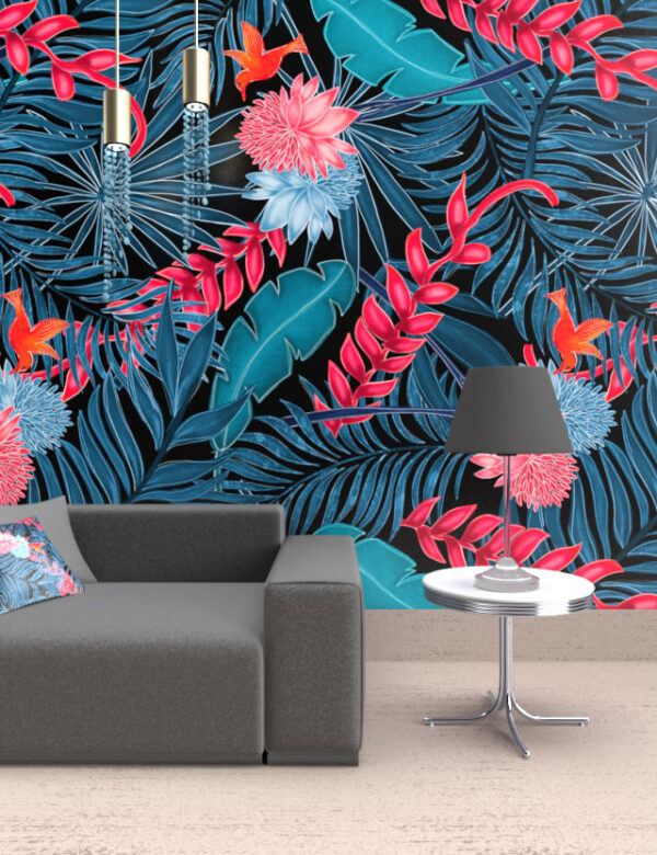 pattern blue jungle black background Eva Lo Coco wallpaper