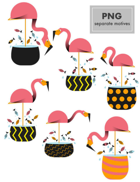 Pattern kids flamingos in pots Eva Lo Coco png separate motivies