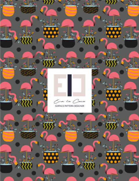 Pattern kids flamingos in pots grey background Eva Lo Coco little scale