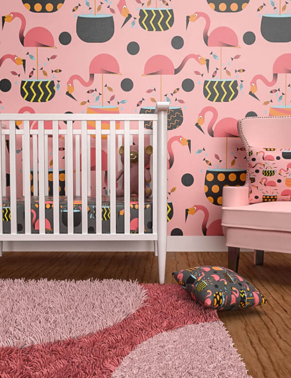 Pattern kids flamingos in pots pink background Eva Lo Coco kids room