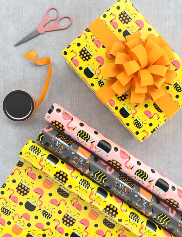 Pattern kids flamingos in pots yellow background Eva Lo Coco wrapping paper