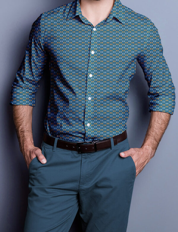 Pattern geometrico antenne eva lo coco blue background shirt