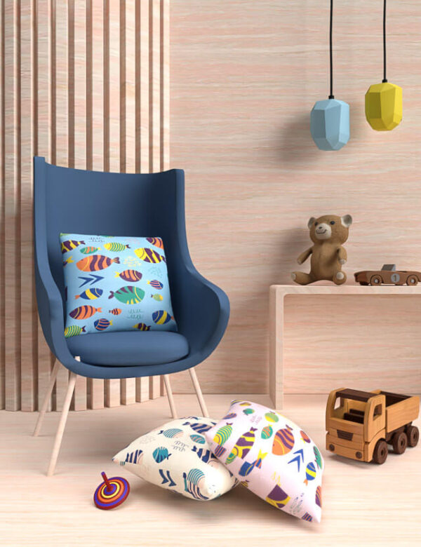 pattern kids tuffati nel divertimento pesci colorati large scale mockup pillows eva lo coco