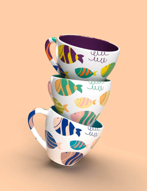 pattern kids tuffati nel divertimento white background pesci colorati large scale mockup cups eva lo coco