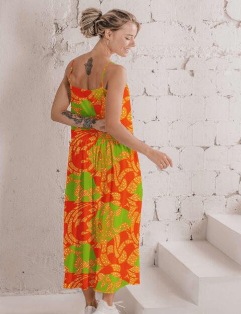 pattern astratto ritmo vibrante arancione verde africa eva lo coco vestito mockup scaled