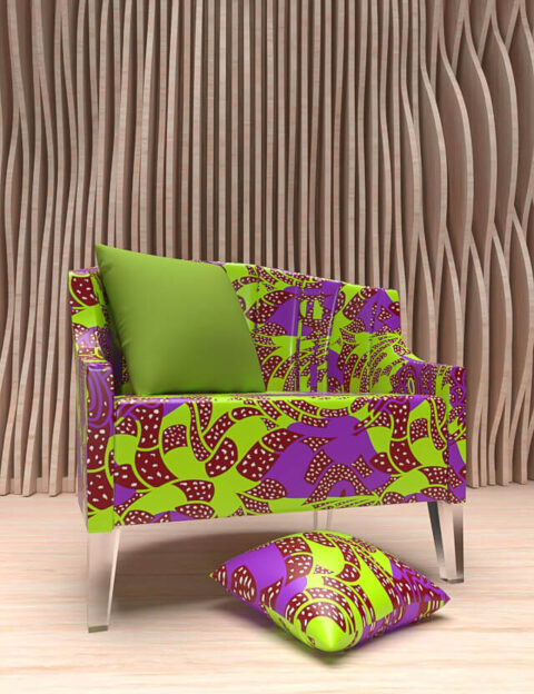 pattern astratto ritmo vibrante viola verde bordeaux africa eva lo coco poltrona mockup